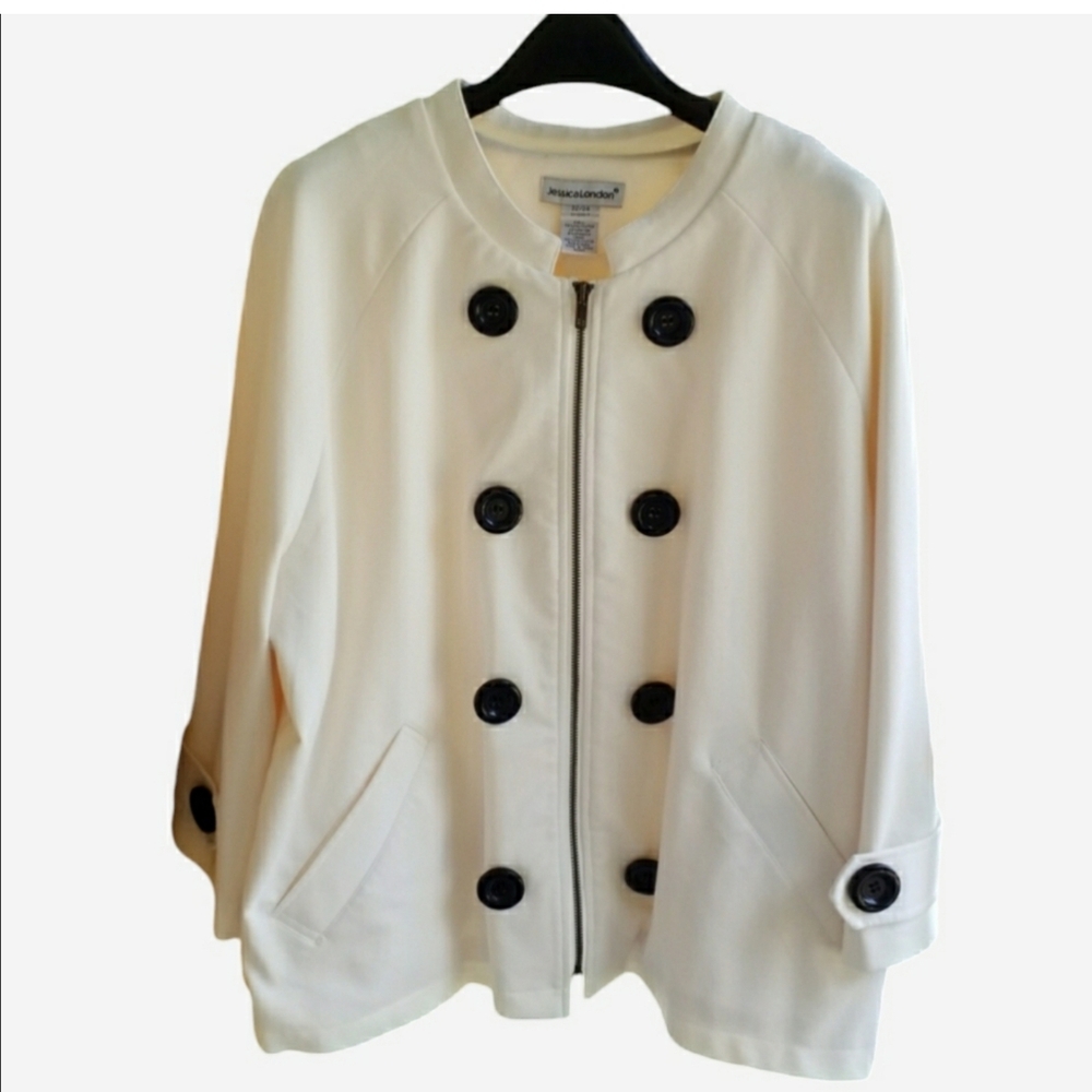 JESSICA LONDON Swing Jacket Bell Sleeves Lined Big Buttons Pockets Ivory, 3X
